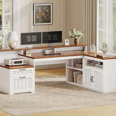 SEDETA 59 Inch Farmhouse L Shaped Desk with Drawers Office Desk with File Drawers Wood Corner Computer Desk with Storage Cabinet Home Office Desk with Monitor Stand Power Outlets