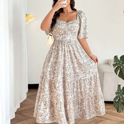 Elegant Floral-Print Square-Neck Short-Sleeve A-Line Long Dress for Wo