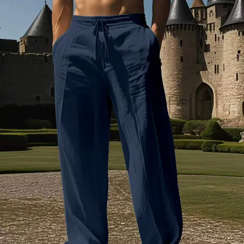 Men’s comfortable solid-color straight-leg pants—casual loose fit with drawstring elastic waistband and pockets; long pants suitable for summer beach vacations and everyday wear.