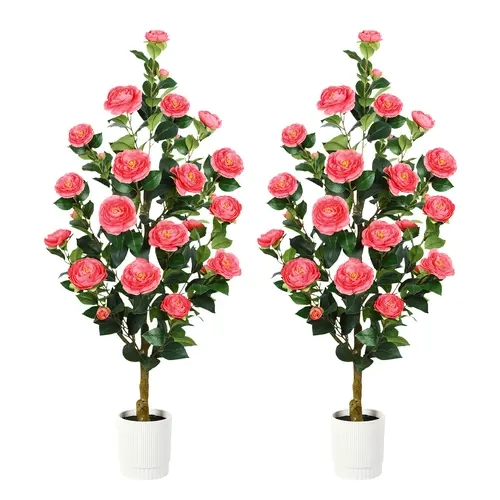 2 Pack 3/4FT Artificial Camellia Trees with Red & White Blooms and Pots, Faux Plants for Indoor Outdoor Home, Porch, Patio & Holiday Decor summerwins