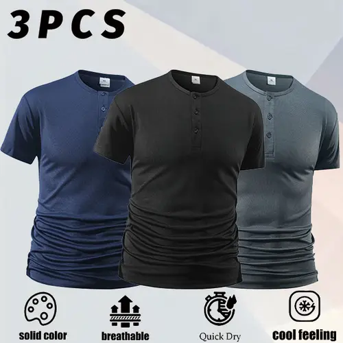 Men's 3-Pack Short-Sleeve Henley Shirts, Solid Colors, Refined Classic Henley Collar, Distinct Clean Design, Premium Fine Knit Skin-Friendly Soft Breathable Fabric, Multiple Shades Available
