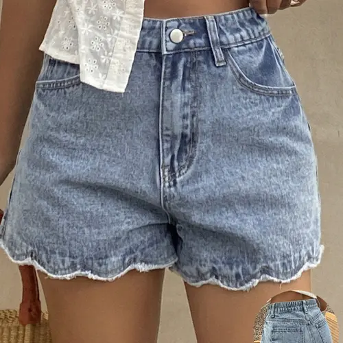 New Summer Women's Wavy Hem Light Wash Light Blue Denim Shorts, High Waist Design for Longer Look, Casual Sweet Summer Everyday Style, Casual Fashionable Shorts