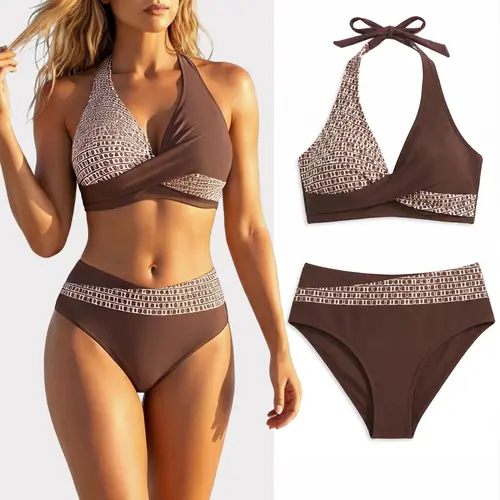 ALISIA GRACE Women's 2-Piece Halter Fit Bikini Set - 2026 Sexy Push Up Bathing Suit with Removable Pads, Deep V Back, Curve-Friendly Full Coverage Bottoms (Swimsuits for Women)