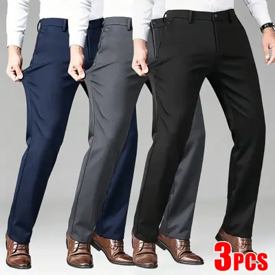 Set of 3 pieces: men’s high-end summer/autumn dress trousers, straight casual pants suitable for formal occasions and home leisure wear; men’s formalwear with a summer vibe.