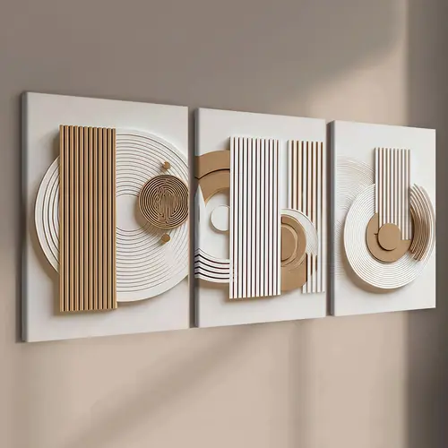 3-Piece Wooden-Framed Canvas Wall Art Set, Wabi-Sabi Geometric Pattern Abstract Prints, Modern Living Room Decor, Decoration Items, Waterproof, Gift Idea