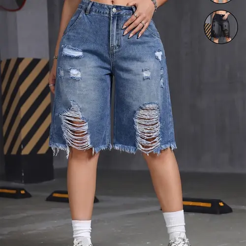 Women's Casual Loose Fit Distressed Ripped Denim Shorts, Washed Vintage Jean Shorts, Comfortable Trendy Streetwear for Summer Daily Wear, Stylish Womenswear, Casual Comfy Shorts