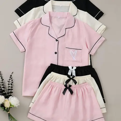 6-Piece Heart Embroidered Pajama Set, Casual, Short Sleeve Button-Up Top and Elastic Waist Shorts, Women's Sleepwear and Loungewear, Embroidery, Pjs