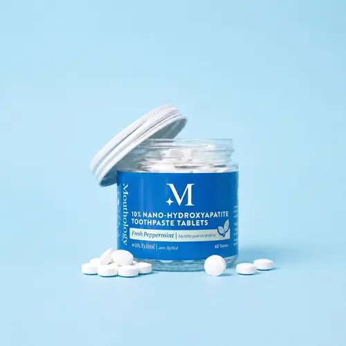 Mouthology 10% Nano Hydroxyapatite Toothpaste Tablets | Fluoride Free Travel Toothpaste Tabs with Xylitol | Toothpaste Tablets for Enamel Support, Brightening & Fresh Breath | Fresh Peppermint, 60 Count