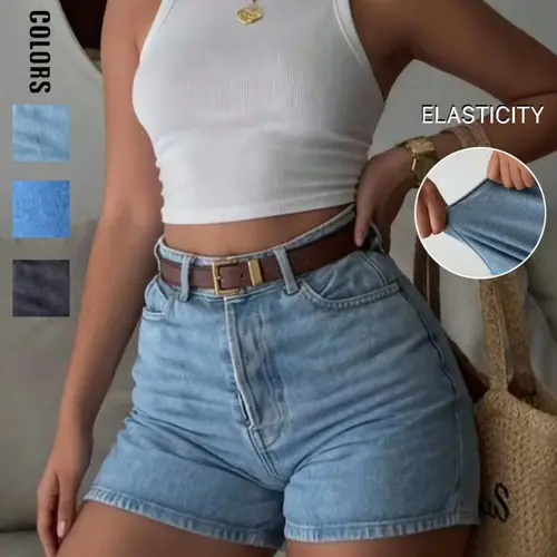 Women's Casual Light Wash Denim Jeans Shorts, Straight Leg Style with Pockets & Button Details, Stretch Fabric Streetwear, Fashionable Must-Have for Everyday, Comfortable and Stylish