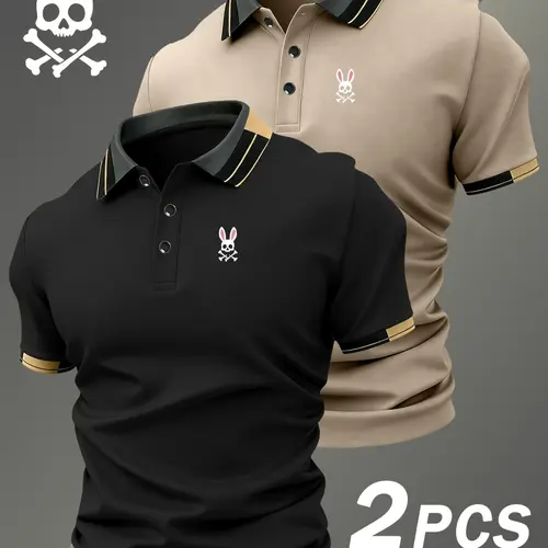 Two-Pack Men's Skull Rabbit Print Summer Polo Shirts, Polo Tees, Breathable & Comfortable Elastic Fabric, Casual All-Season High-End Polo Tops
