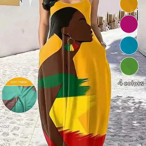 Women's Plus Size Boho Ethnic African Print Long Dress, Casual Loose Fit with Pockets, Summer Beach Maxi Dress, Thin Straps, Bohemian Style Dresses, Boho Summer Dresses
