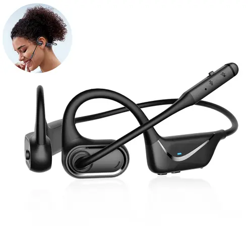 HT03 Open Ear Bluetooth Air Conduction Headset with Mic - Cordless Waterproof Headphones, Bluetooth 5.1, Mute Function, aptX-HD/LL, 1.5h Charging, Aluminium Alloy Silicone Build, for Trucker Drivers, Cellphones/Mobile Devices, Multifunction, Csr Plug