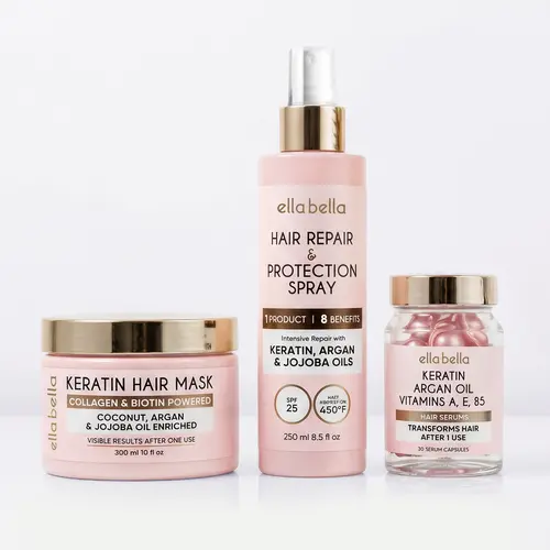 ELLA BELLA Keratin Hair Glow Bundle – Deep Conditioning Keratin Hair Mask, Keratin Hair Serum Capsules & Keratin Heat Protectant Spray – Frizz-Free, Smooth & Shiny Hair Treatment Set for All Hair Types (Curly, Coily, Straight, Damaged, Color-Treated)