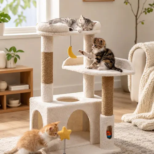 Cat Tree for Indoor Cats, Small Cat Tower with Plush Top Perch, Cozy Cat Condo, Sisal Scratching Posts, Hanging Toys and Dangling Ball for Kittens and Cats