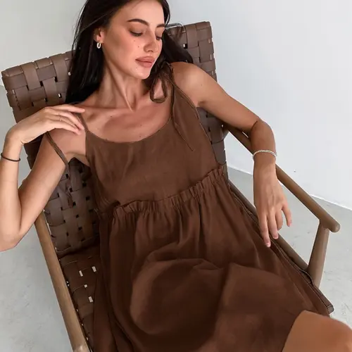 Spring Summer Urban Sexy Lightweight Breathable Cotton Linen Solid Sleeveless Halter Straps Dress for Women, High-End Style Elegant Midi Dress, Casual Chic for Daily Wear