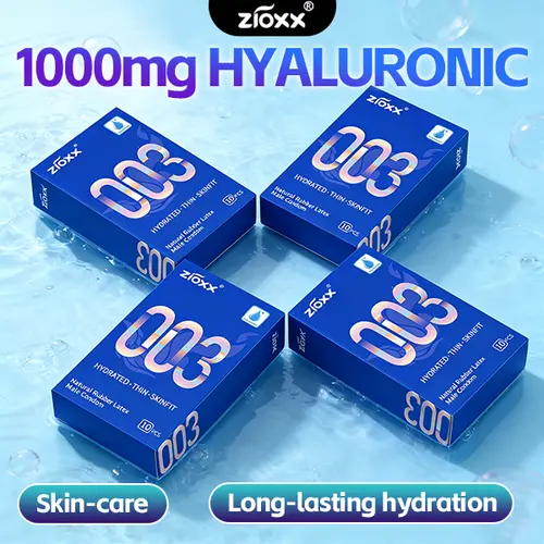 Zioxx 003 Men's Ultra-Thin 0.045mm Natural Latex Rubber Condoms, Smooth, Soft, Bare Skin Feel, Hyaluronic Acid Lubricated for Hydration, Enhanced Sensitivity for Sensitive Skin, Secure Comfort Fit, 10-Count
