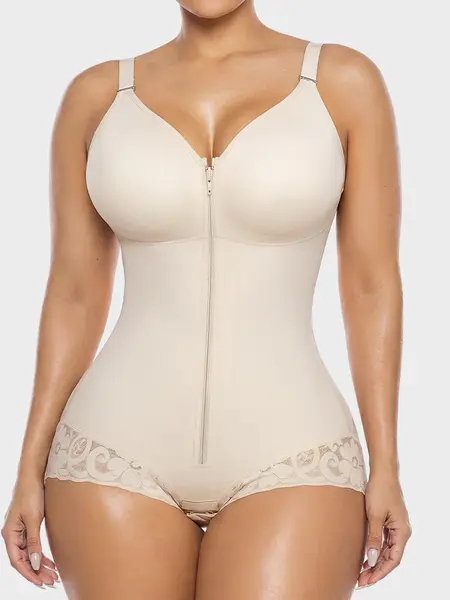 LUXSEREN Women's Basic Minimalist Style Hook Eye Faja Body Shaper Bodysuit - Adjustable Straps, Zippered Lace-Trimmed Waist Trainer, Tummy Control, Hip Compression, Breathable Fabric, Bottom Support, All-Season Slimming, Postpartum Recovery Fit
