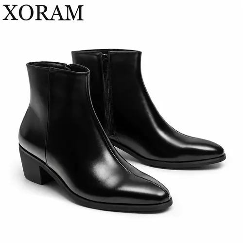 XORAM Men's Pointed-Toe Low Heel (1-3 cm) Side-Zipper Footwear, Multi-Function Black Business Leather Boots, Suitable for Commuting & Formal Occasions, Unisex Model 66675-J