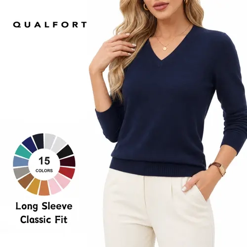 QUALFORT Women's Long Sleeve Pullover Sweater - Lightweight Soft Knit Top, Clean Neckline, Ribbed Trim, Ribbed Edges, Regular Fit, Hip Length, Basic Casual Mature Style, Chic, for Work Daily Wear, Fall Spring Layering (Style Women's Pullovers),sohochic