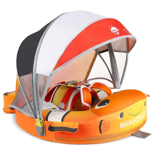Mambobaby Unisex Non-Inflatable 3D Baby Pool Floater for 3-24 Months, Detachable 3D Sun Canopy, UPF 50+ Sun Protection, Leak-Proof Quick-Dry PU Shell, Pearl Foam Safe Seat-Tail Support, Soft Skin-Contact Water Toy for Baby Girls, Water Play Essential