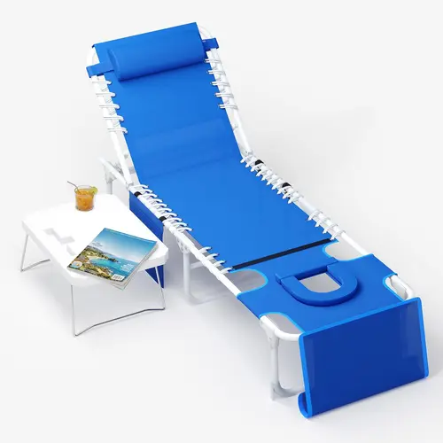 Banc de jardin 3-en-1 multifonction – Dossier 5 positions, coussin amovible, table pliante – Confort extensionérieur pour plage, piscine, terrasse, jardin – charger max 150 kg – Couleur beige&navy blue&Oxford