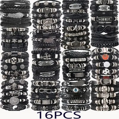 Men's 16pcs Assorted Mixed Bracelets & Bangles Set, Handwoven Adjustable Jewelry Stack, 16 Looks to Mix, Holiday Gifts for Boyfriends Unique Gifts for Man, Bracelet Stacks, Adjustable Band Bracelets & Bangles