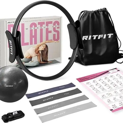 RITFIT Multifunctional Pilates Trainer Set - 14in Unisex Magic Circle with Fiberglass Core, Padded Handles, Includes Ball, Bands, Yoga Fitness Equipment for Home Low Impact Workouts, Traveling Essential Kit, Workouts For Flat Tummy