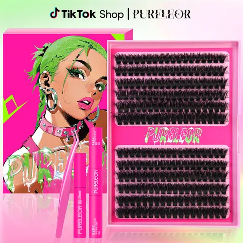 PURELEOR Lash Clusters Fluffy- D Curl 13-14-18-20mm Lashes Beginner-Friendly DIY with Bond&Remover and Applicator 216 pcs Individual Eyelashes Extension