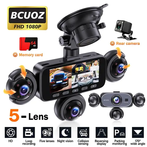 BCUOZ 5-Channel  Full HD 1080P Car Dash Cam  with 64GB Memory Card,Requires charging to use,1080P Front + Rear+ Inside/Left/Right Cameras, Loop Recording,Super Night Vision,Car Video Surveillance,24H Parking Mode,Car DVR HD Screen#Summervibes. outdoorfun