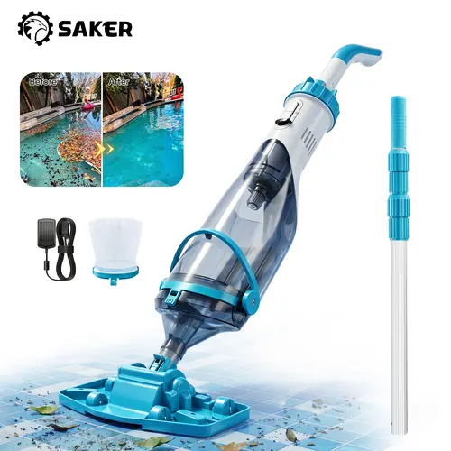 Saker Handheld Pool Vacuum for Above Ground Pool, Cordless Pool Cleaner with Telescopic Pole, 18.5 GPM Powerful Suction, 60-Min Runtime Rechargeable for Inground Pools, Spas, Hot Tubs