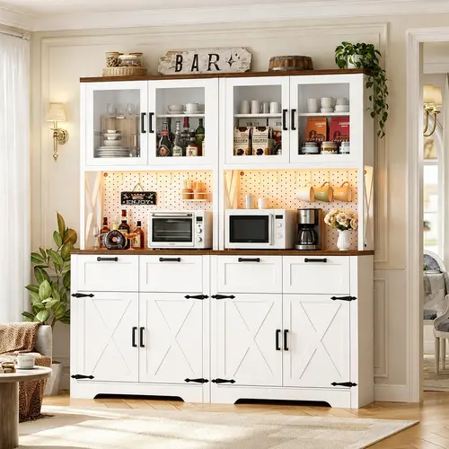 Homieasy 71" Tall Kitchen Pantry Storage Cabinet with LED Light & Outlet, Pantry Cabinet with Microwave Stand, DIY Pegboard, Drawers and Adjustable shelf, Farmhouse Kitchen Hutch for Dining Room, Furniture