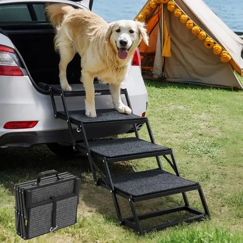 Veehoo Foldable Dog Steps for Car Truck, 4 Steps Collapsible Dog Stairs for Car Large Dogs 17" Wide, Heavy Duty Outdoor Pet Ramp Ladder Portable with Non Slip Surface for Dogs, Support up to 200 lbs,back to school