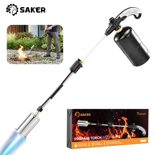 Saker Weed Burner Torch – 45,000 BTU Flame Thrower with 30" Curved Handle, Comfort Grip, Heavy-Duty Design for Weed Control, Ice Melting (Tank Not Included)