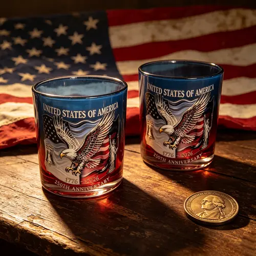USA 250th Anniversary Glass Cup, Independence Day of the United States Commemorative Cup, Coffee Cup, Suitable for Whiskey, Bourbon and Scotch, Patriotic Old-Fashioned Cup, Ideal Gift
