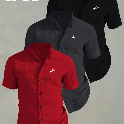3-Pack Men's Summer Short Sleeve Shirts, Breathable Solid Collar Button-Up, Ideal for Beach Pool, Casual Swimwear, Perfect for Summer Tops