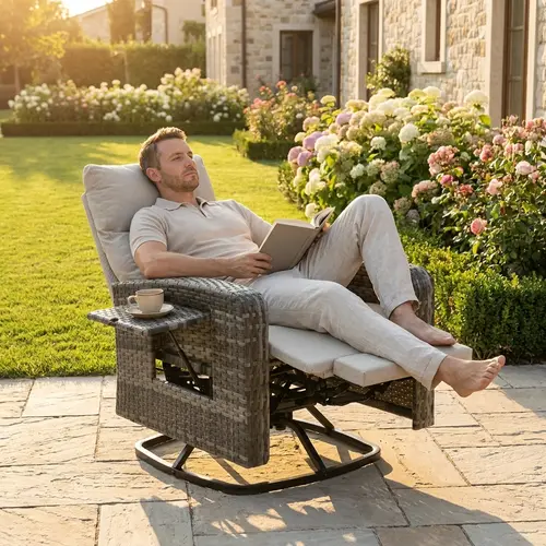 【Summervibes】ZZW Outdoor PE Rattan Woven Chaise Lounge Recliner - Outdoor Seating, Patio Furniture Chair with 360-Degree Swivel Base, Multi-Angle Adjustment, Handmade Rattan, Flip Table, Removable Washable Cushion Cover for Porch, Terrace, Patio Furniture