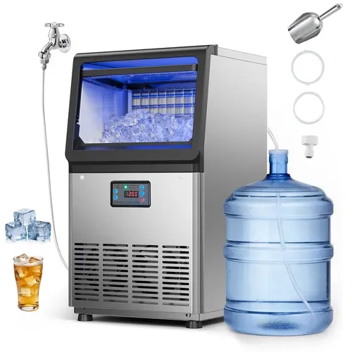 VEVOR Stainless Steel Commercial Countertop Ice Cube Maker Machine, 90lbs/Day Production, 13lbs Storage Capacity, Large Storage, Freestanding/Under Counter, LED Display, Self-Cleaning, Full-Ice Alerts, for Restaurant, Office, Home Bar