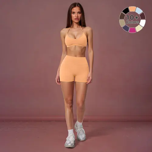 MFVIM women’s two-piece set: thin-strap halter bra with a beautiful back design and high-waisted solid-color slim shorts; suitable for indoor and outdoor yoga/Pilates, gym workouts, and running training.