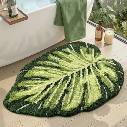 DEXI Super Soft Thick Tropical Monstera Plant Leaf Bathroom Rug, 23.5x31.5in Shiny Fluffy Anti-Slip Rubber Back Mat, Skin-Friendly Washable Water-Absorbent Bathtub/Laundry Room Decor, Botanical Home Accessory