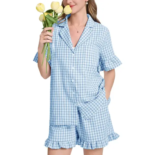 Women's 2-Piece Cotton Gingham Pajama Set - Short-Sleeve Ruffle Shirt & Shorts, Cute Cotton Loungewear Pjs Set, Women's Pyjamas Clothes