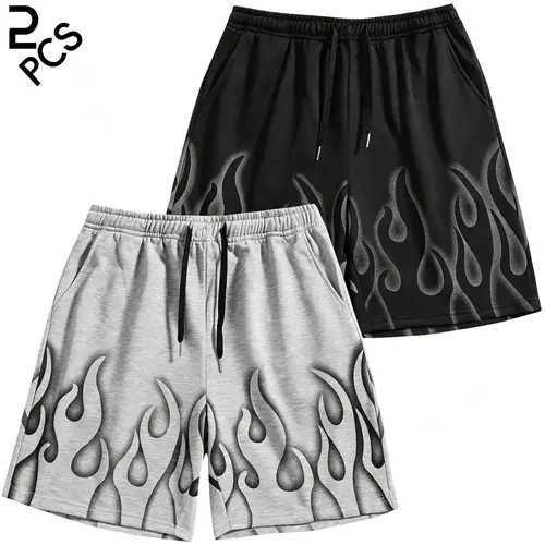 Pack of 2. Men’s Flame 5-inch shorts, trendy street Y2K hip-hop athletic shorts with elastic waistband and drawstring