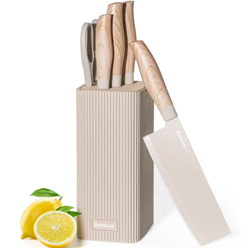 Astercook 6Pcs Kitchen Chef Knife Set, Slicing Knife, Scraper And Scissors, High Carbon Stainless Steel Super Sharp, with Anti-stick Ergonomic Wooden Handle, Professional Chef's Knife Set,new home essentials #Summervibes