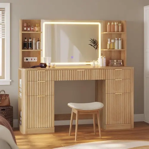 Sikaic 51.2" Fluted Makeup Vanity Desk with LED Mirror & Lights, Modern Vanity Table with 5 Drawers, 2 Cabinets, 6 Storage Shelves & Power Outlet, Solid Wood Legs Dressing Table for Bedroom, Home Furniture, Dorm Essentials [tiktokshopbacktoschool]