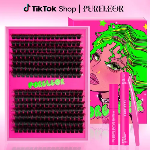 PURELEOR Cluster Lashes Kit D Curl Individual Eyelashes Mixed 10-16mm with Lash Bond&Seal Waterproof DIY at home for Beginners