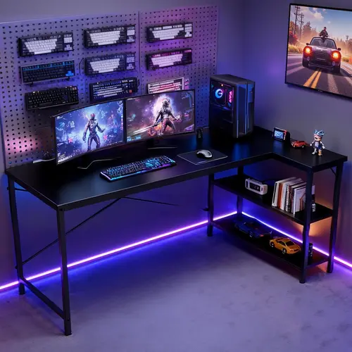 DUMOS L Shaped Desk Computer Gaming Furniture with Reversible Storage Shelves for Home Office PC Table Large Workspace Robust Stability Adjustable Feet