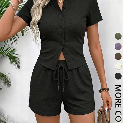 Women's Solid Button Front Fitted Top & Adjustable Drawstring Waist Shorts Ribbed Two-Piece Set, Womenswear Basic Minimalist Casual Comfy Everyday Round Neck Short Sleeve Top & Shorts Set, Ladies Clothing Set for All Seasons, Shorts Loungewear Set
