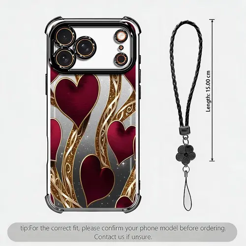 Viral Aesthetic Red Heart Glitter Phone Case with Flower Lanyard, Luxury Electroplated Cover for iPhone 17/16/15/14/13 Pro Max & Samsung Galaxy S26/S25/S24/S23 Ultra — 975