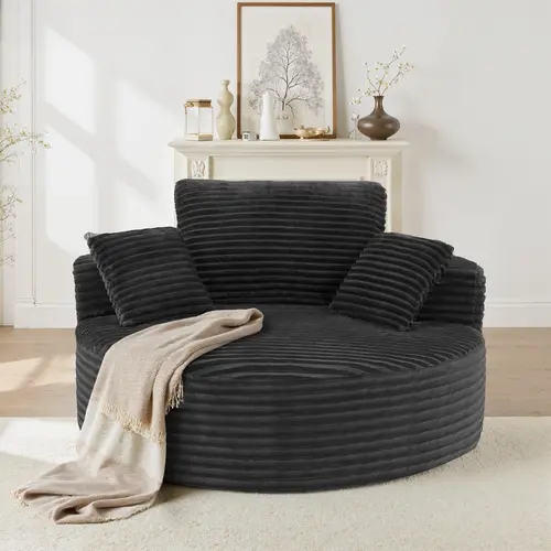 55''W 3.5CM Corduroy Single Foam Sofa, Oversized Round Chair with Pillows, Modern Sleeper for Living Rooms, Lounges, Nurseries and Projection Rooms, Wide-Arm Lounge Chair Armchair, Dark Grey