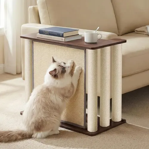 Veehoo Modern Right-Facing Cat Scratcher End Table - 1-Piece Engineered Wood, Space-Saving Freestanding Furniture-Safe Couch Protector, Solid Sisal Scratch Panel & Posts, Black Walnut Pet Corner Side Table, Easy Assembly, Dual Scratching Fun, Double Duty
