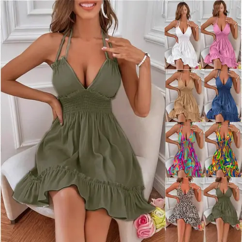 Women Halter Deep V‑Neck Mini Dress, Smocked Elastic Waist Ruffled Hem Tropical Leaf Print Vacation Dress